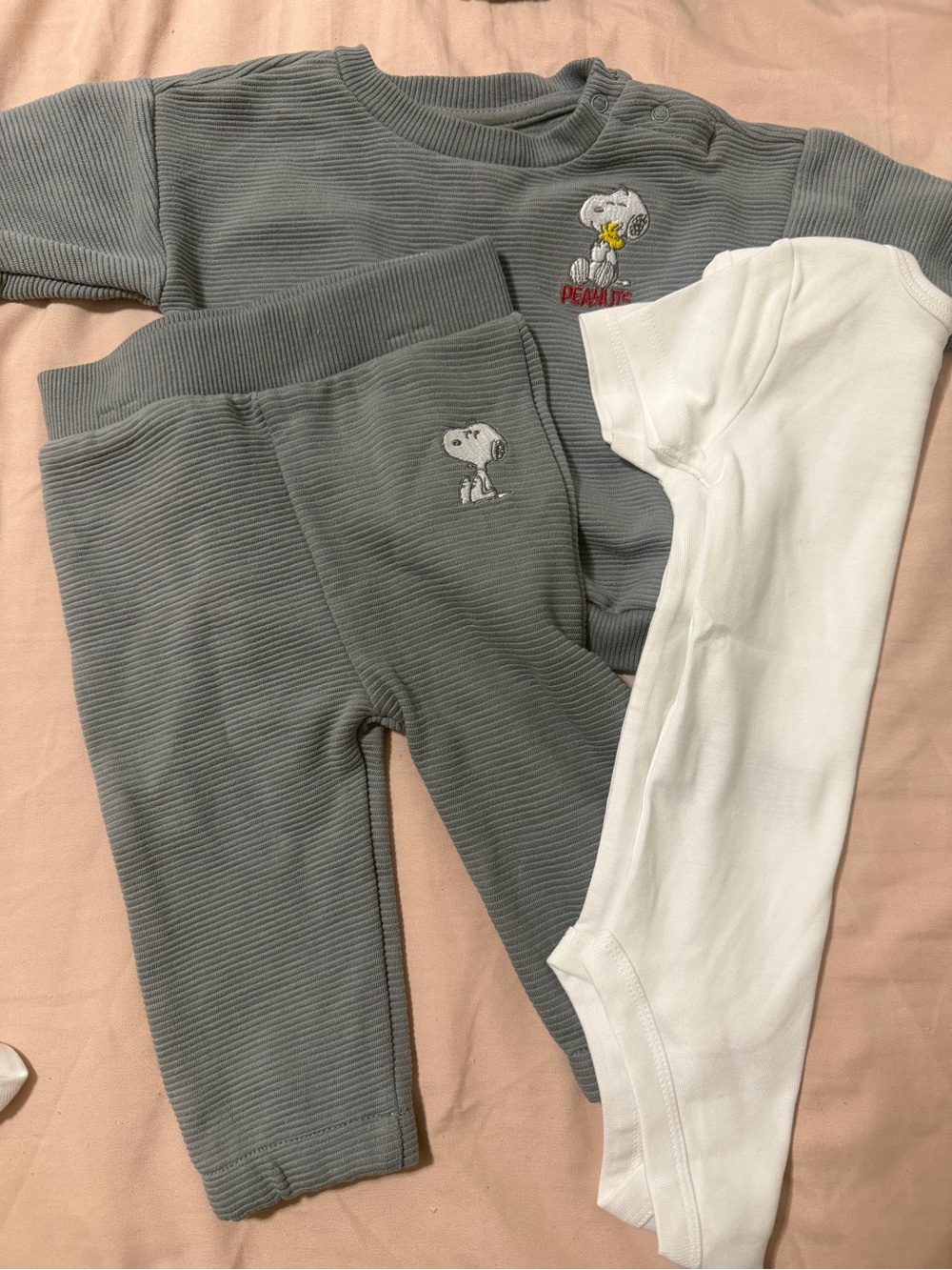 Peanuts Gray Ribbed Joggers with Snoopy Embroidery 3pc set